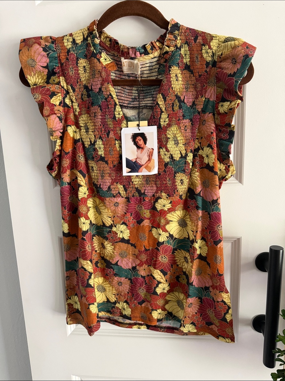 Nation Los Angeles Floral Smocked Flutter-Sleeve Top - Yellow Multi XL
